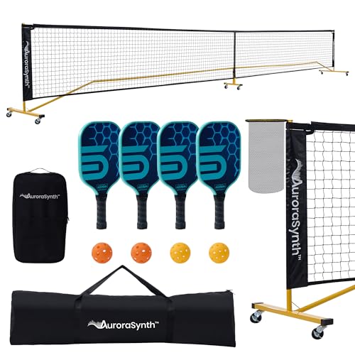 AuroraSynth Portable Pickleball Net Set with Wheels, 22 x 3ft Regulation Size Pickle Ball Net with Ball Collector, 4 Pickle Balls, 4 Pickleball Paddles, Carry Bag for Backyards, Driveway, Garage