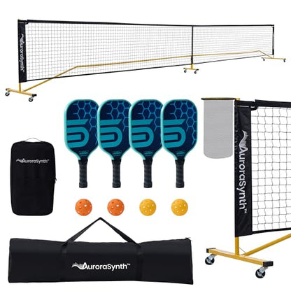 AuroraSynth Portable Pickleball Net Set with Wheels, 22 x 3ft Regulation Size Pickle Ball Net with Ball Collector, 4 Pickle Balls, 4 Pickleball Paddles, Carry Bag for Backyards, Driveway, Garage