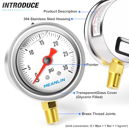 0~30Psi Stainless Steel 1/8" NPT 1.5" FACE DIAL, Glycerin Filled Pressure Gauge, Liquid Filled, Water Oil Air, Lower Mount, with 1/4" NPT and 3/8" NPT Hex Bushing - size: 0-30Psi