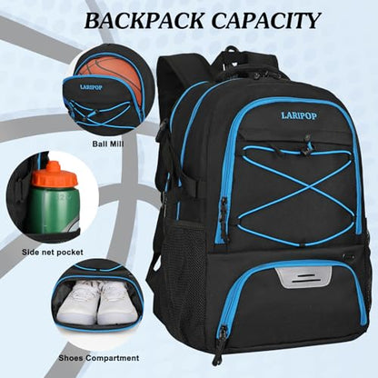LARIPOP Basketball Backpack Large Basketball Bag with Ball Holder & Shoe Compartment for Youth Adults Men Women - color: TR Blue
