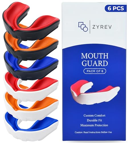 Zyrev Pack of 6 Mouth Guard for Football, Boxing, MMA, Hockey, Lacrosse, Baseball Mouthguard/Mouthpiece in 6 Colors - for Adults