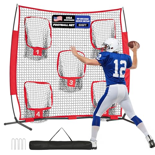 7x7ft/8x8ft Football Throwing Net, Quarterback Training Equipment with 5 Target Pockets, Includes Football, Portable Carry Bag