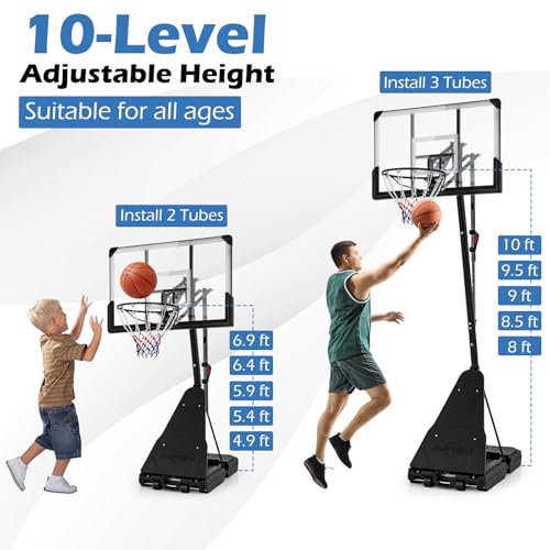 GYMAX Basketball Hoop, 4.9-10 FT Height Adjustable Basketball Goal with 44 Inch PC Backboard, Rebound Plate & Wheels for Kids Teens Adults, Portable Basketball Hoop for Indoor & Outdoor