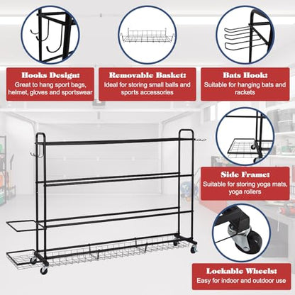 Basketball Rack, Shooting Training Rolling Ball Stand, Garage Organizer with Wheels, 4-Layer Sports Equipment Storage Holder with Baskets and Hooks for Soccer Baseball Footballs Volleyball