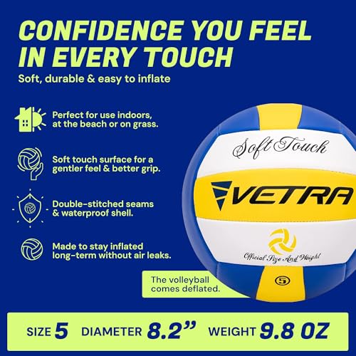 VETRA Premium, Soft Touch Volleyball, Official Size 5, Super Soft Volleyball Training Equipment for Professional & Recreational Use Practice, Sports & Outdoor, Women & Men