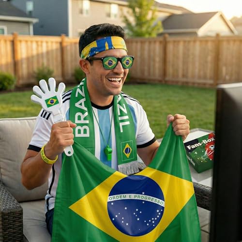 Soccer Fan Gear Set 2026-7 Piece Game Day Kit with Flag, Scarf, Glasses, Whistle, Clapper, Wristband & Headband in Gift Box - Watch Party & Stadium Essentials for Brazil - color: Brazil
