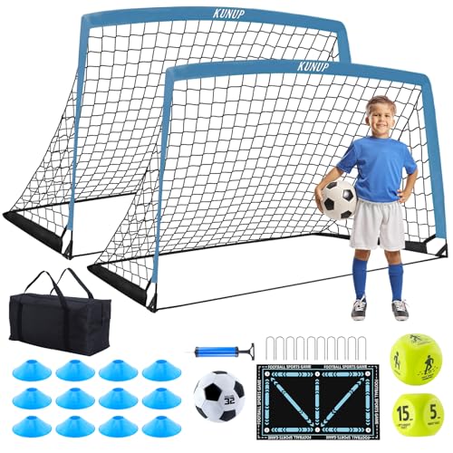 2 Set Kids Soccer Goals for Backyard with Training Equipment, Portable Foldable Practice Nets with Ball, Dice & Mat, Cones, Air Pump and Carry Bag for Toddler Youth Outdoor Sports Game - color: Blue