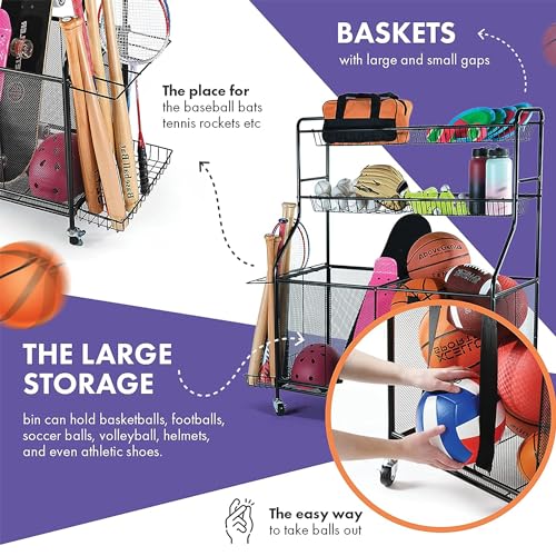 HOME IT Garage Sports Equipment Organizer - Garage Ball Storage Rack Organizer Holder with Baskets, Rolling Wheels & Breaks - Large Capacity Heavy Duty Steel Ball Storage Cart