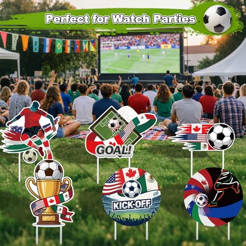 Pinkunn 6 Pcs North America Soccer Event Yard Signs with Stakes, USA Canada Mexico Flag Football Theme Lawn Decorations for Outdoor Watch Party Game Day Team School Practice Party Supplies