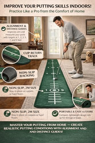 Professional Indoor Golf Putting Mat with Alignment & Distance Guides - 2m Non-Slip Practice Green for Home & Office - Portable Training Aid for Improving Accuracy