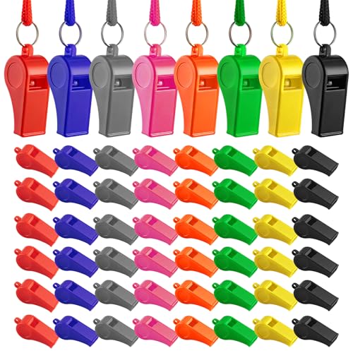 TINSKY 48 Pcs Sport Whistle with Bracelet, 6 Colors Loud Plastic Whistles for Coaches, Referees, Officials, Birthday Party Gift, Emergency Training, the 2026 World Cup Festivals