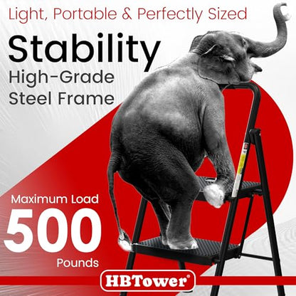 HBTower Step Ladder, Folding Step Stool with Wide Anti-Slip Pedal, Sturdy Steel Ladder, Convenient Handrail, Lightweight, Portable Steel Step Stool - color: Black, size: 2 Step Ladder