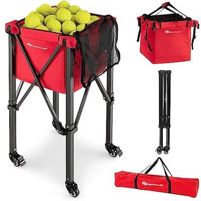 Goplus Foldable Tennis Ball Hopper, Lightweight Aluminum Tennis Ball Basket with Wheels, Removable Bag, Side Pockets, Carry Bag, Portable Sports Teaching Cart Holds 150 Tennis Balls