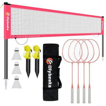 Outdoor Baminton Net Set for Backyard, Beach, Family Games with 20 * 3ft Anti-sag Net, 4 Aluminum Badminton Rackets, 3 Shuttlecocks, Carring Bag - Easy Set Up & Portable - color: Pink