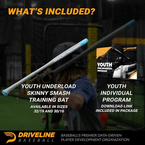 Driveline Baseball Youth Skinny Smash Bat - 1.5" Barrel (30" or 32") Aluminum Underload Practice Bat for Swing Speed and Power + Free Individual Programs - size: 30"
