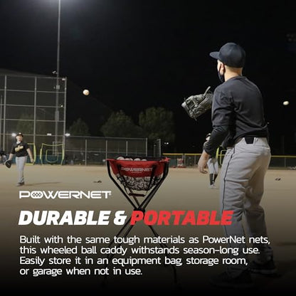 PowerNet Baseball Softball Portable Ball Caddy, Holds Bucket of Baseballs, Softballs, Tennis Balls, Use During Batting Practice Training and Drills - color: Red/Black, style: Wheeled Court Caddy