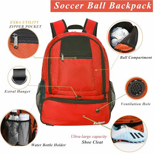 Soccer Bag, Basketball Backpack, Sports Equipment Bag with Shoes and Ball Compartment Holds Sneaks, Helmet, Basketball, Football, Vollyball, Gloves - color: Red/Black