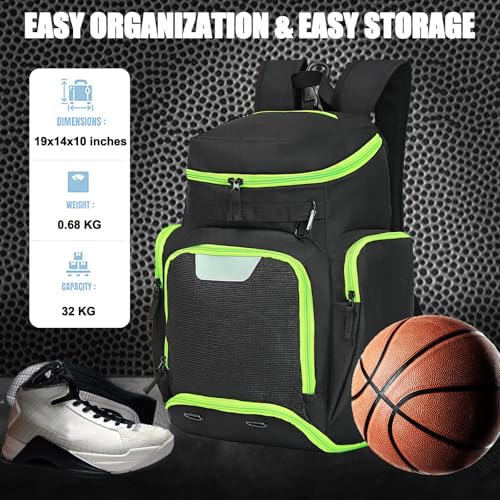 LARIPOP Basketball Backpack with Ball & Ventilated Shoe Compartment Insulated Pockets for Men Youth Training - color: Green
