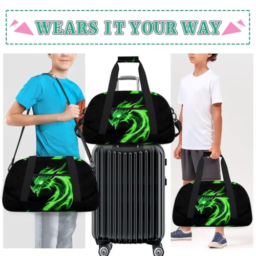 Green Dragon Kids Duffel Bag for Boys, Abstract Animal Sports Gym Bags Overnight Travel Weekender Lightweight Carry On Sleepovers Duffels for School Practice Gymnastics - color: Green Dragon