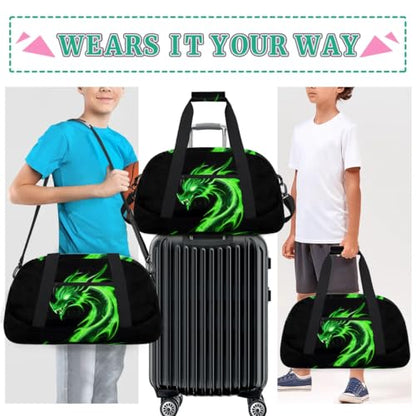 Green Dragon Kids Duffel Bag for Boys, Abstract Animal Sports Gym Bags Overnight Travel Weekender Lightweight Carry On Sleepovers Duffels for School Practice Gymnastics - color: Green Dragon