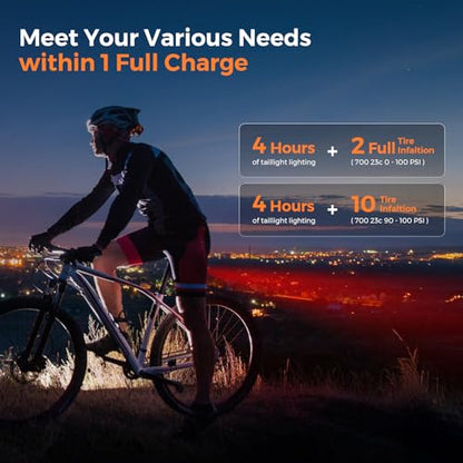 FLEXTAILGEAR Mini Portable Bike Tire Pump with Digital Gauge & Taillight, 120&130 PSI Electric Bicycle Pump, Presta and Schrader Valves, for Road, Mountain Bikes, Motorcycle, Balls