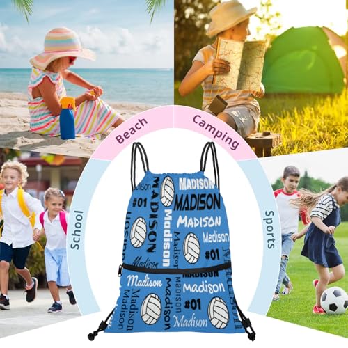 Custom Volleyball Style Drawstring Bag, Personalized Sports Ball Backpack Drawstring Sack Cinch Bags for Team Gift Party Favors, Blue - color: Light Turquoise