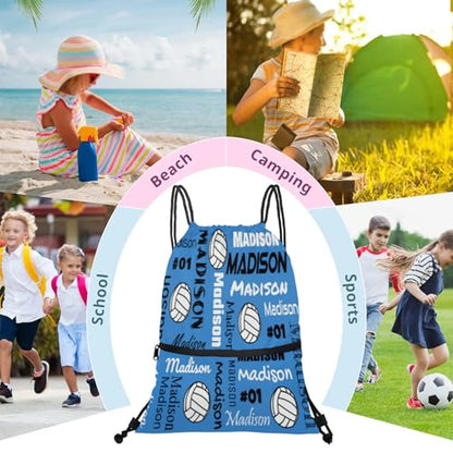 Custom Volleyball Style Drawstring Bag, Personalized Sports Ball Backpack Drawstring Sack Cinch Bags for Team Gift Party Favors, Blue - color: Light Turquoise