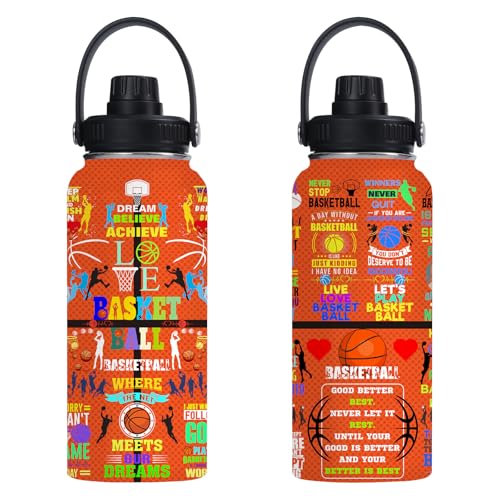 Basketball Water Bottle 32oz Insulated Sports Water Bottles Basketball Gifts for Men Women Gift for Coach Lovers Fan Players Stuff Accessories for Boys Girls - color: Basketball