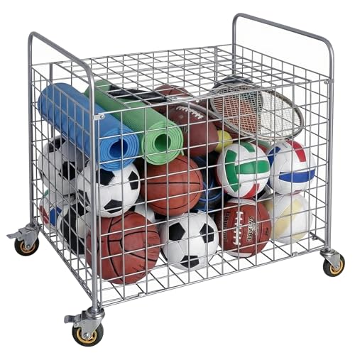 MyGift Professional Gym Metal Multi Sports Ball Storage Cart with Jumbo Industrial Wheels, Commercial Grade Portable Equipment Locker Cage for Basketball, Football, Soccer, Volleyball - color: Silver