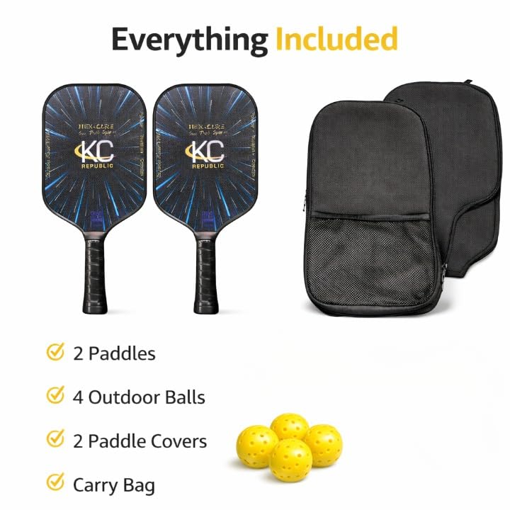 Pickleball Paddle Set – T700 Smooth Carbon Fiber Paddles with Covers, 2 Thermoforming 4-Layer Rackets, 4 Outdoor Pickleballs & Carry Bag | USAPA Approved Lightweight & 16MM Polymer Honeycomb Core