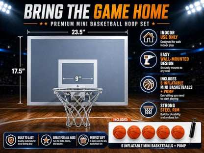 CALIKIWIPROS Mini Basketball Hoop Set Pro League Decorative Solid Wood Wall Mount, Includes 9’ Hoop & 5 mini Basketballs, Classic Look with Colors Matching Some pro Teams. - style: Grey White