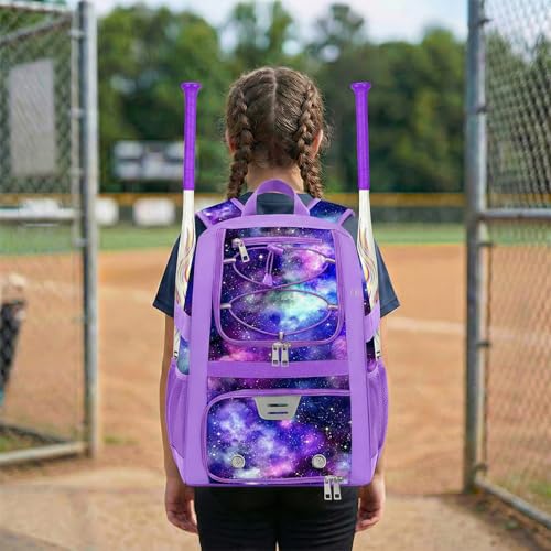 Youth Baseball Bag - Softball Bag for Girls & Boys with Shoes Compartment, Bat Backpack for Baseball, T-Ball & Softball Equipment - color: Starry Sky-Purple