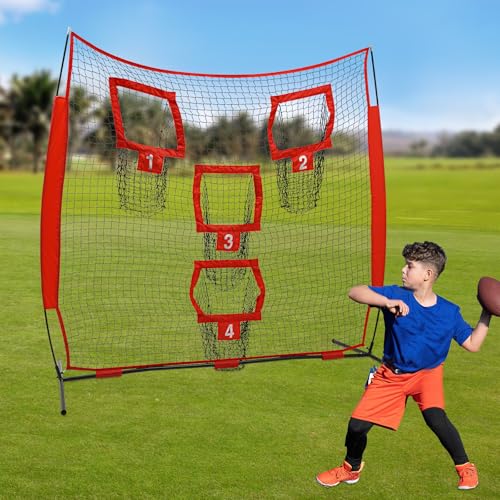 7x7ft Football Throwing Net with 4 Target Pockets – Football Training Net for Accuracy Improvement, Portable Quarterback Practice Equipment for Outdoor Use