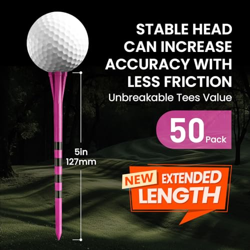 FINGER TEN Extra Long Golf Tees Plastic 4 Inch or 5 Inch Value 50 Pack, Unbreakable & Consistent Height Tees with Reduce Friction, Driving Range Tee Easy to Find in White Pink Green - color: Pink, size: 5 Inch
