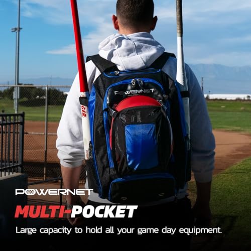 PowerNet Baseball Softball Backpack, Choose from 3 Colors Red Black Blue, Padded Helmet Carrier, Dual Bat Sleeves, Vented Cleat Compartment, Fence Hook, Hook and Loop Batting Glove Area - color: Blue