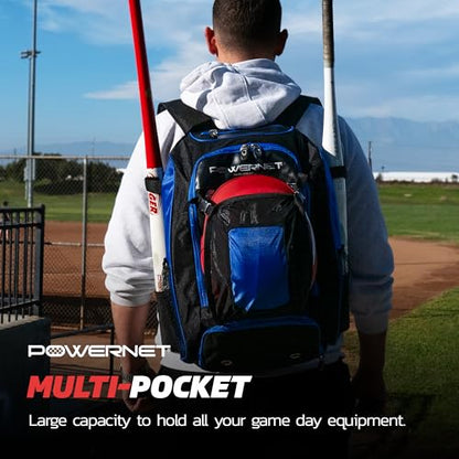 PowerNet Baseball Softball Backpack, Choose from 3 Colors Red Black Blue, Padded Helmet Carrier, Dual Bat Sleeves, Vented Cleat Compartment, Fence Hook, Hook and Loop Batting Glove Area - color: Blue