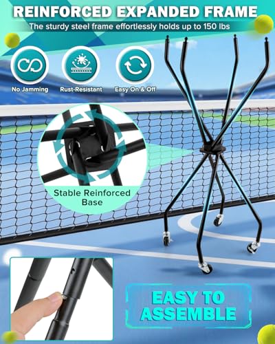 Angooni Upgraded Tennis Ball Hopper for 150 Balls, Tennis Cart with Wheels & Storage Bag, Lightweight Foldable Pickleball Cart, Ideal Gift for Training, Teaching & Family Play