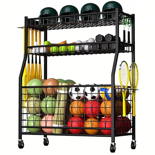 YOHKOH Sports Organizer for Garage, Large Sports Equipment Organizer Cart with 5 Baseball Stick Holders, Ball Storage Rack, Heavy-Duty Garage Sports Gear Storage with Wheels