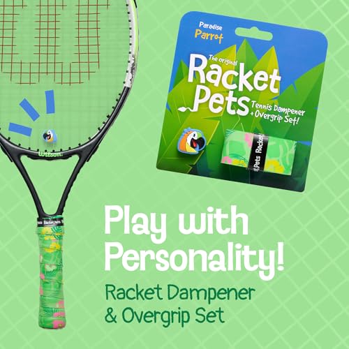 Racket Pets Kids Tennis Racket Dampener & Matching Overgrip Tape, Performance Shock Absorbing Dampener for Tennis Racket & Fun Animal Print Tennis Wrap Grip Tape - style: Parrot