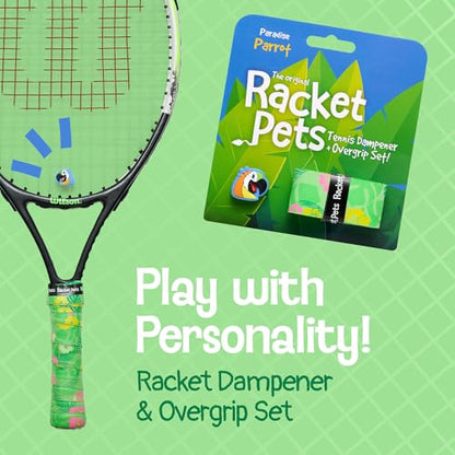 Racket Pets Kids Tennis Racket Dampener & Matching Overgrip Tape, Performance Shock Absorbing Dampener for Tennis Racket & Fun Animal Print Tennis Wrap Grip Tape - style: Parrot