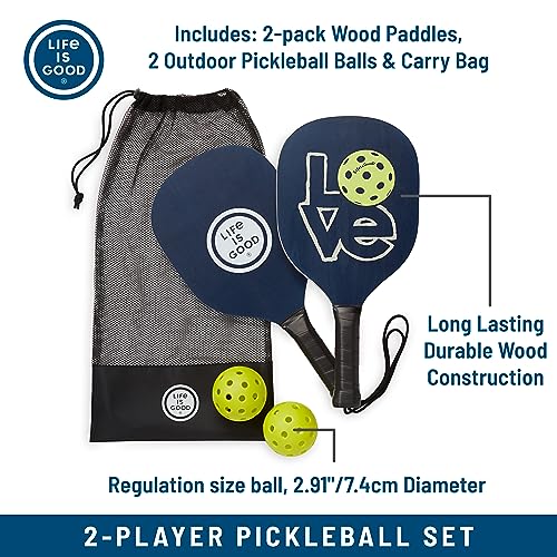 Life is Good Pickleball Starter Set - Includes 2 Wood Pickleball Paddles, 2 Regulation-Size Pickleball Balls and Pickleball Bag for Carrying Pickle Ball Equipment - color: Compass