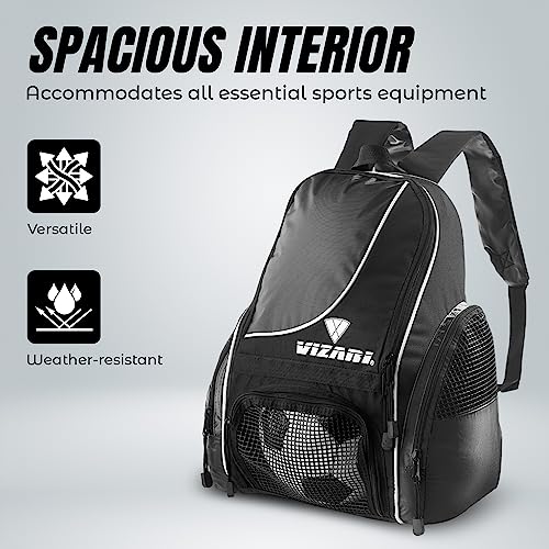 Vizari Solano Soccer Backpack With Ball Compartment and Vented Ball Pocket and Mesh Side Cargo Pockets for Adults and Teens - color: Black