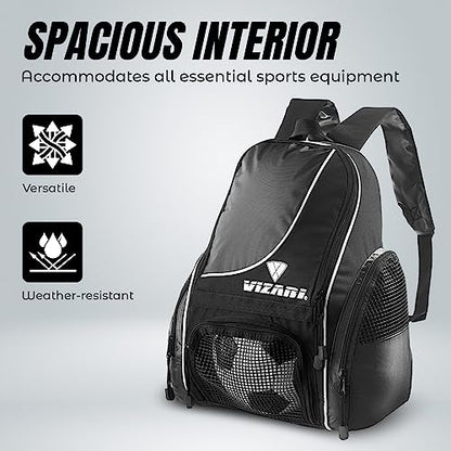 Vizari Solano Soccer Backpack With Ball Compartment and Vented Ball Pocket and Mesh Side Cargo Pockets for Adults and Teens - color: Black