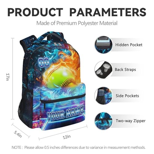 Custom Softball Backpack Gifts - Boys Backpack for Kids Students, 17 Inch Large Capacity Sport School Bookbag for Elementary Travel