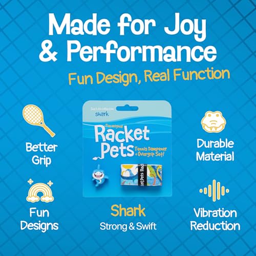 Racket Pets Kids Tennis Racket Dampener & Matching Overgrip Tape, Performance Shock Absorbing Dampener for Tennis Racket & Fun Animal Print Tennis Wrap Grip Tape - style: Shark