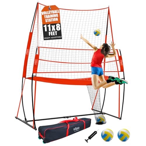 Volleyball Training Net System|Adjustable Volleyball Practice Net Station with Wheeled Carry Bag,2 Volleyballs |Great for Hitting,Serving,Dunking Drills,Easy Assembly