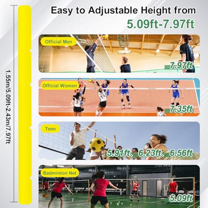 Volleyball Net System Indoor&Outdoor Use,Professional Volleyball Nets Pole,Heavy Duty Volleyball/Badminton Net and Poles Heights Adjustable,for Adults Kids Use School Backyard Stadium