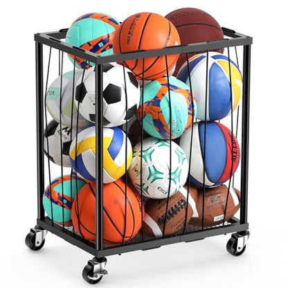 TomCare Garage Ball Rolling Storage Rack Large Capacity Basketball Holder with Elastic Rope [Hold 12-15 Balls][Easy to Take] Garage Sports Equipment Organizer cart with Wheels for Home, Outdoor Use