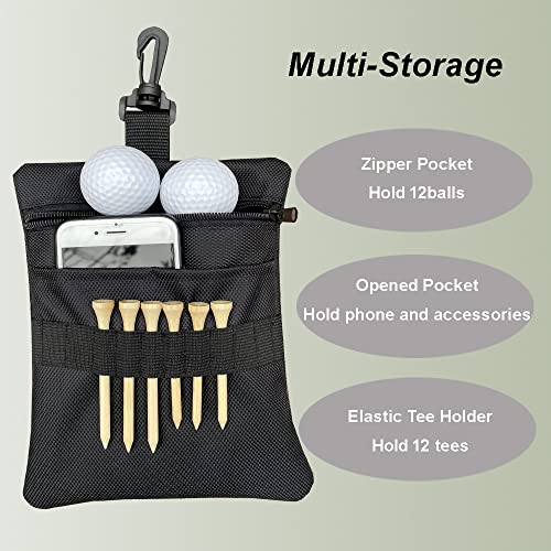 Golf Tee Pouch Bag, Zipper Golf Ball Bag, Accessory Pouch for Men - color: Black 2PCS