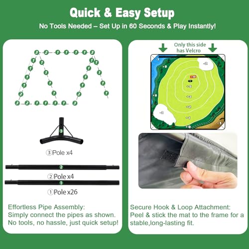 HOTWIND Golf Chipping Game Mat 71" x 71" 2-Sided Hook & Loop Sticky Golf Practice Pad with Stand Portable Indoor Outdoor Backyard Camping Golf Game Accessories for Family Adults Not Included